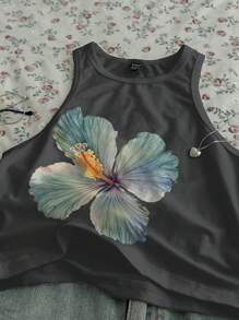 SHEIN EZwear Casual Floral Pattern Crew Neck Tight Women Camisole Tank Top, Suitable For Summer - Dark Grey - View 4