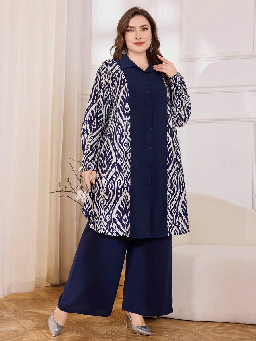 Lacomfia Random Floral Pattern, Heterogeneous Floral Patchwork, 2 Pieces Set, Elegant Retro Plus Size Fall Cloth For Women - Navy Blue - View 1