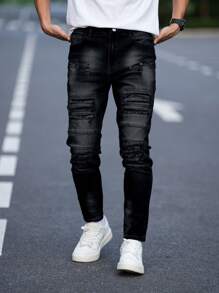 Manfinity LEGND Men's Front Button Pocket Distressed Simple Jeans, Casual Daily Wear - Black - View 7