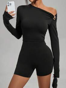 SHEIN Essnce Mono informal de ajuste ceñido de unicolor con hombros oblicuos y manga larga para mujer
