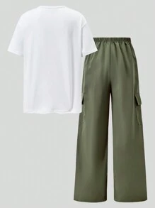 SHEIN ChillGRL 2 Pcs/Set Tween Girl Graphic Tee Paired With Cargo Pants, Casual Street Style Outfit, Spring/Summer,Holiday,Summer,Travel, School, Campus, College Summer Holiday - Multicolor - View 4