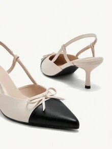 CUCCOO CHICEST Pointed Toe Kitten Heel Elegant Commuter Bow Accent Bicolor Women's High Heel Pumps, Casual Chic Outfit, Spring - Apricot - View 9