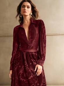 Anewsta Turndown Collar Long Sleeve Velvet Print Elegant Blouse