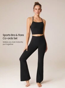 GLOWMODE 31 英寸 FeatherFit™ Fierce Activewear 2 件套背心和喇叭紧身裤套装低冲击瑜伽日常 - 黑色 - 查看 2