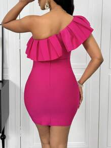 Zolique Charming Elegant Solid Color Pleated Asymmetric Shoulder Bodycon Mini Dress - Hot Pink - View 2