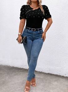 SHEIN Clasi Camiseta casual elegante con cremallera y adorno de rhinestones para mujer de talla grande