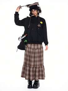 themindfulbutterflyy Streetwear College Style Slogan Print, & Floral Embroidery Mesh Hooded Sweatshirt - Black - View 2