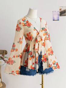 Soleia 花卉印花 V 领前蝴蝶结喇叭袖不对称波浪下摆上衣，适合节日、圣诞女装、派对女装上衣、新年上衣、派对女装、情人节约会、长袖上衣 - 彩色 - 查看 3