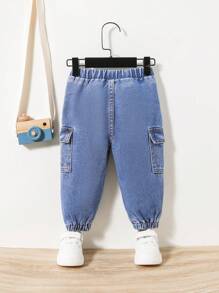 SHEIN New Loose Drawstring Waist Street Casual Cargo Pants For Baby Boys - Medium Wash - View 2