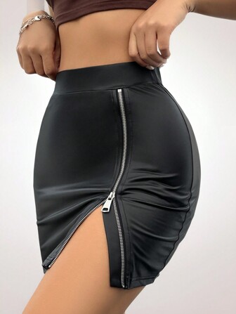 Coolane Zipper Pu Leather Wrap Bodycon Mini Skirt