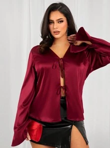 SHEIN SXY Camisa de encaje con cordones de color rojo borgoña elegante y sexy para mujer de talla grande, adecuada para uso diario, vacaciones, playa, fiestas, citas, cumpleaños, despedida de soltera, fiestas, baile, citas de pareja, looks elegantes e informales, compras, uso diario, actividades al aire libre, resalta tu figura