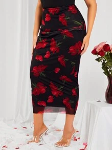 SHEIN SXY Falda de malla de cintura media con estampado floral para mujeres de talla grande, adecuada para uso diario, vacaciones, playa, fiesta, cita, cumpleaños, despedida de soltera, fiesta, baile, cita en pareja, elegante, casual, compras, uso diario, al aire libre, coqueta, fácil de combinar y que estiliza, resalta tu figura, resalta tu Body