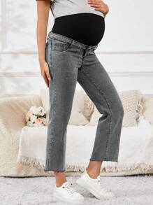 SHEIN Maternity Contrast Color Patchwork High Waist Tapered Leg Jeans - Grey - View 5