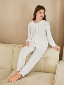 SHEIN Tween 女童白色蕾丝边长袖长裤两件套休闲舒适宽松优雅家居服 - 白色 - 查看 3