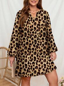 SHEIN LUNE 大码休闲豹纹长袖连衣裙，适合春秋季节 - 彩色 - 查看 3