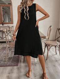 EMERY ROSE Women Sleeveless Round Neck A-Line Dress, Casual For Summer