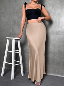 Glamine Solid Color High Waist Skirt Maxi Women Outfit