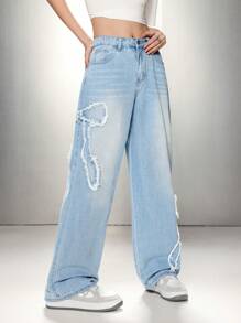 SHEIN EZwear 女士甜美復古寬腳牛仔褲，蝴蝶結和下午茶元素設計，藍色 - 淺色水洗藍 - 查看 6
