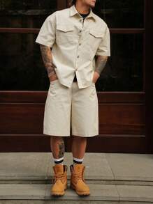 DAZY 2pcs/Set Men's Solid Color Casual Shorts & Short Sleeve Shirt Set - Grey - View 3