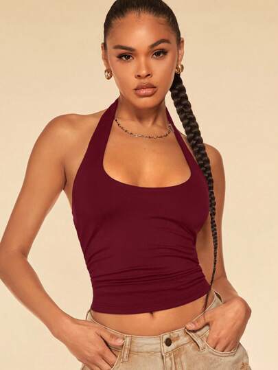 SHEIN BAE Women's Colorful Printed Halter Tank Top/Beach Cover Up/Adorable Crop Top, Summer/Graphic Tees Women/Asymmetrical Top/Crop Tops/Festival/Cute Tops/Going Out Tops/Graphics Woman T Shirts