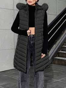 EURMUSE Women Fake Fur Hooded Long Zip Detailed Winter Coat - Black - View 1