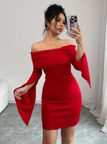 Elenzga 女式性感透明网眼露肩露肩迷你连衣裙，喇叭袖和侧开衩，红色 - 紅色 - 查看 5
