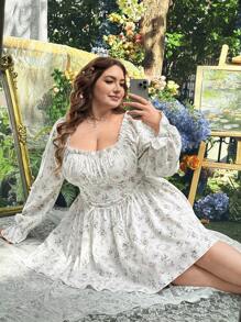Lyrianda Plus Size Women Square Neck & Ruffle Trim Long Sleeve Ditsy Floral Patchwork Mini A-Line Dress, Elegant & Cute Resort Dress - Multicolor - View 2