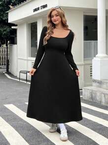 SHEIN EZwear 大码纯色长袖简约长裙，休闲日常穿着