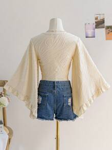 Soleia Women's Summer Vacation Beige Textured Woven Open Front Tie-Knot Flare Sleeve Ruffle Cuff Blouse, Hippie Western Festival, Easter, Carnival, Afternoon Tea, Party - Beige - View 2