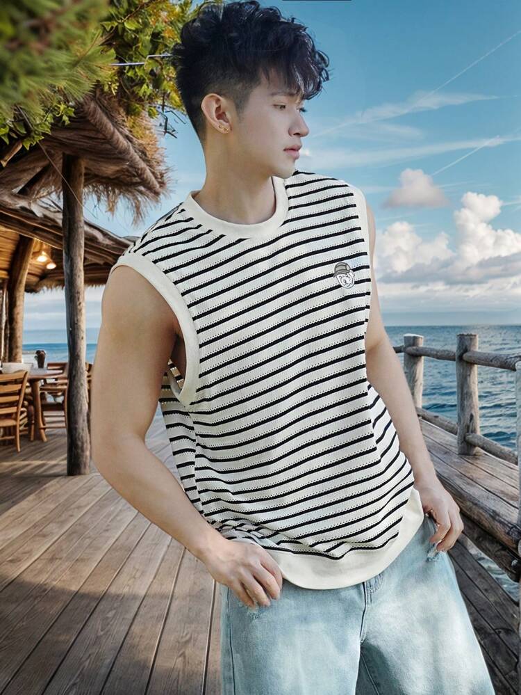 Men's Summer Beach Vacation Bear Embroidery Striped Textured Fabric Casual Vest