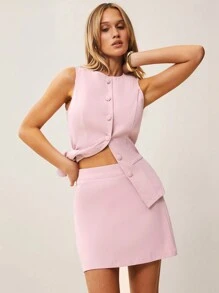 SHEIN Essnce 2 件情人节女士粉色纯色前扣无袖上衣和迷你裙套装，商务休闲套装 - 粉色 - 查看 4
