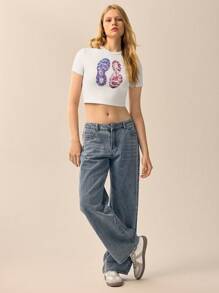 SHEIN Unity تي شيرت تي بنات صيفي قصير الأكمام وضيق مع تصميم مطبوع - أبيض - مشاهدة 3