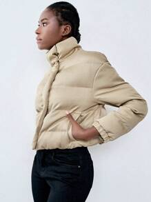 Chiquease Abrigo acolchado de mujer Luminelle con cuello alto y manga larga, ropa de invierno - Caqui - Ver 3