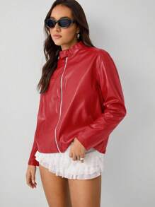 TRNVIE 1 件女式立领机车拉链长袖 PU 皮夹克，街头风格休闲，红色，秋冬 - 玫瑰紅 - 查看 5