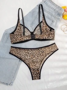 Bare Chapter 2pcs Women's Strawberry Print Mesh Underwire Lingerie Bra And Panty Set ClassicAnimalPrint