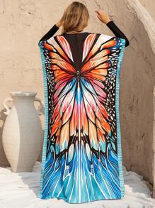 Swim Mulvari 夏季女士蝴蝶印花宽松休闲长款罩衫连衣裙，适合海滩度假 - 藍色 - 查看 4