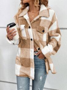 SHEIN LUNE 水牛格子印花落肩翻盖口袋毛绒大衣