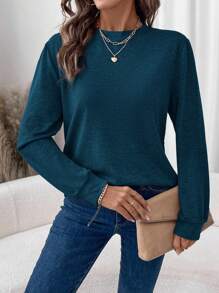 SHEIN LUNE 女式基本款圆领拉绒羊绒长袖 T 恤，舒适休闲秋冬装 - 藏蓝色 - 查看 4