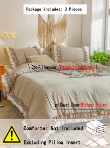 波西米亚农舍风格床上用品套装，纯驼色双人荷叶边被套，可选单人/双人/特大号尺寸，三件套，超柔软透气超细纤维被套，1 个拉链封口被套，2 个枕套，不含被芯，男女通用，四季皆宜，非常适合宿舍使用 - 駝色 - 查看 3