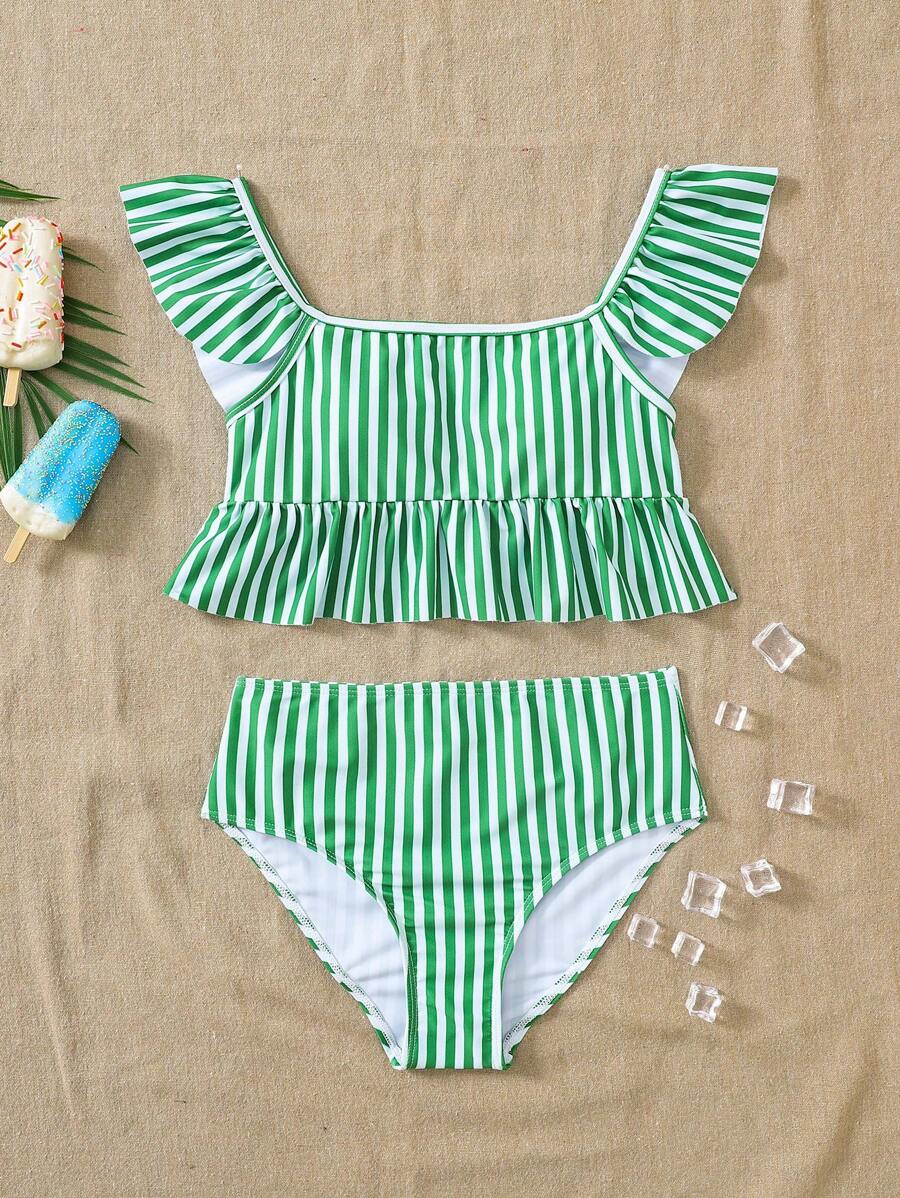 Travachic KIDS Travachic KIDS Bộ đồ bơi dệt kim sọc dễ thương cho bé gái tuổi teen, thích hợp cho mùa hè, kỳ nghỉ, bãi biển - màu xanh lá - Xem 1