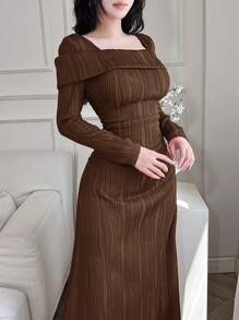 Feyla Women's Solid Color Square Neck Long Sleeve Textured Simple Arabic Style Dress Long Evening Dresses - Coffee Brown - View 4