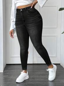 SHEIN EZwear Plus Size Front Button Pocket Simple Fitted Casual Black Jeans - Black - View 1