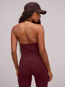 Musera Sport Seamless Halterneck Strap Fitted Activewear Crop Top, Padel, Tennis, Pickleball Gym Fitness Winter - Burgundy - View 3