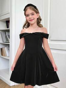 Tween Girls Solid Color Velvet Waist-Cinching Elegant Black Dress - Black - View 7