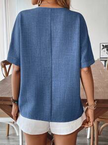 EMERY ROSE 女士春夏假期休闲 V 领撞色花卉钩针蕾丝拼布短袖亚麻衬衫