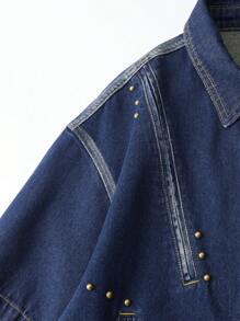 ROMWE MEN Street Life Men's Front Button Short Sleeve Pocket Casual Denim Top - Bronze - View 6