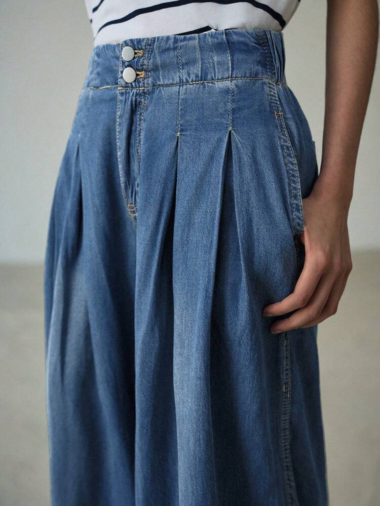 FOLD PLEATED WASHED WIDE LEG JEANS
