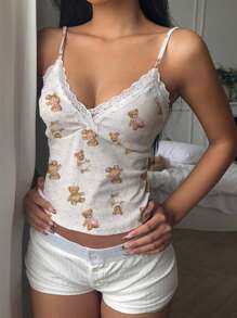 CovetEZ Áo hai dây cổ tròn họa tiết gấu ren dành cho nữ, phù hợp cho mùa xuân/hè - Nhiều màu - Xem 3