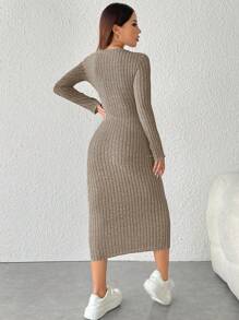 SHEIN PETITE Robe moulante à manches longues pour l'automne, col rond côtelé, couleur unie pour femme