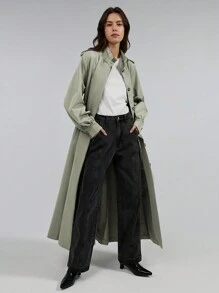 Ontre 2025 New Women Solid Color Front Button Long Sleeve Simple Casual Trench Coat, Commuter Coat, Spring, Retro - Khaki - View 1